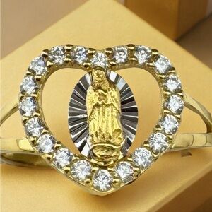 Sterling Silver Gold Tone Metal  CZ Virgin Mary Heart Shaped Ring Size 7 NIB